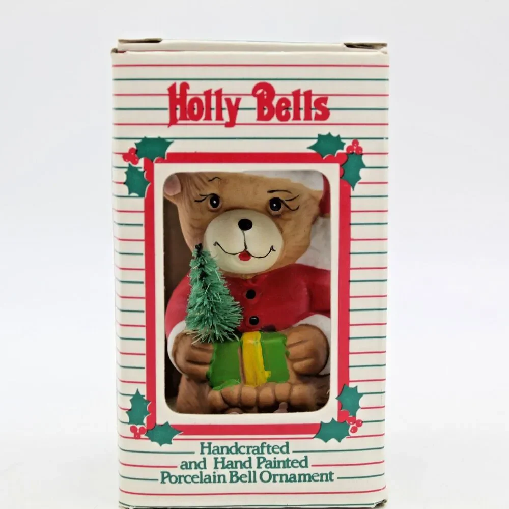 Holly Bells Porcelain Teddy Bear Bell Ornament Vintage 1986 Original Box a
